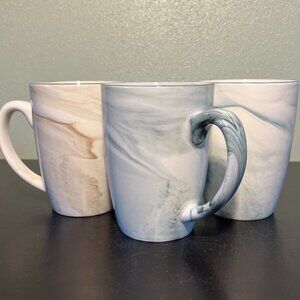 Trio of HOOMEET Marbleized Swirl Pattern Porcelain Mugs ~ Gray, Green & Brown